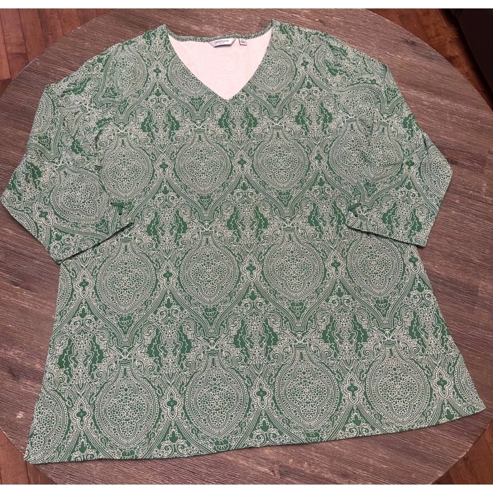 Liz Claiborne New York Women's 1X Green Paisley Tunic Top 3/4 Sleeve 100% Cotton